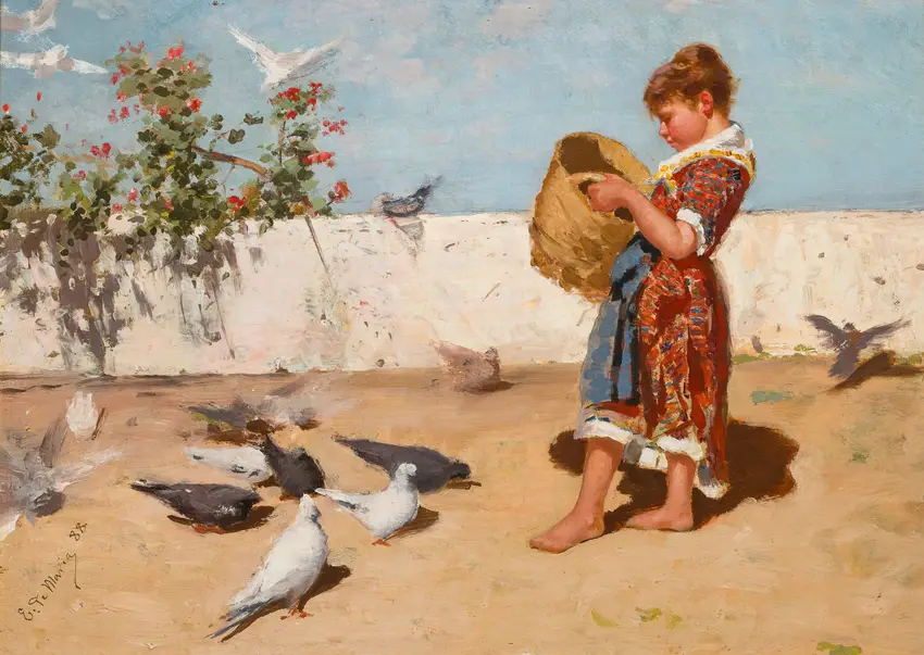 Feeding the pigeons (1888) by Ettore De Maria Bergler